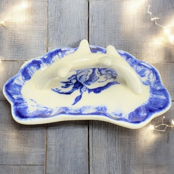 Antique Staffordshire Ironstone Lid Porcelain Flow Blue Rose Made in England VTG - Picture 2 of 13